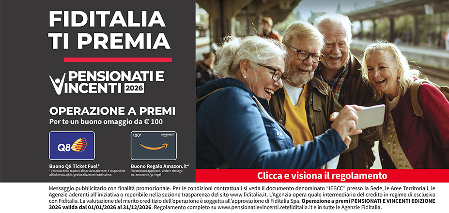 AGENZIA PUGGIONI MAURIZIO Fiditalia | Nuoro | Fiditalia ti premia - Vicni un omaggio da €100. Operazione a premi. Clicca e visiona il regolamento. Operazione a premi PENSIONATI E VINCENTI 2025 valida dal 01/01/2025 al 31/12/2025. Regolamento completo www.pensionatievincenti.retefiditalia.it
