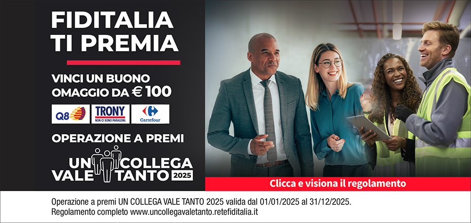 AGENZIA PUGGIONI MAURIZIO Fiditalia | Nuoro | Fiditalia ti premia - Vinci un buono omaggio da €100. Operazione a premi. Clicca e visiona il regolamento. Operazione a premi UN COLLEGA VALE TANTO 2025 valida dal 01/01/2025 al 31/12/2025. Regolamento completo www.uncollegavaletanto.retefiditalia.it